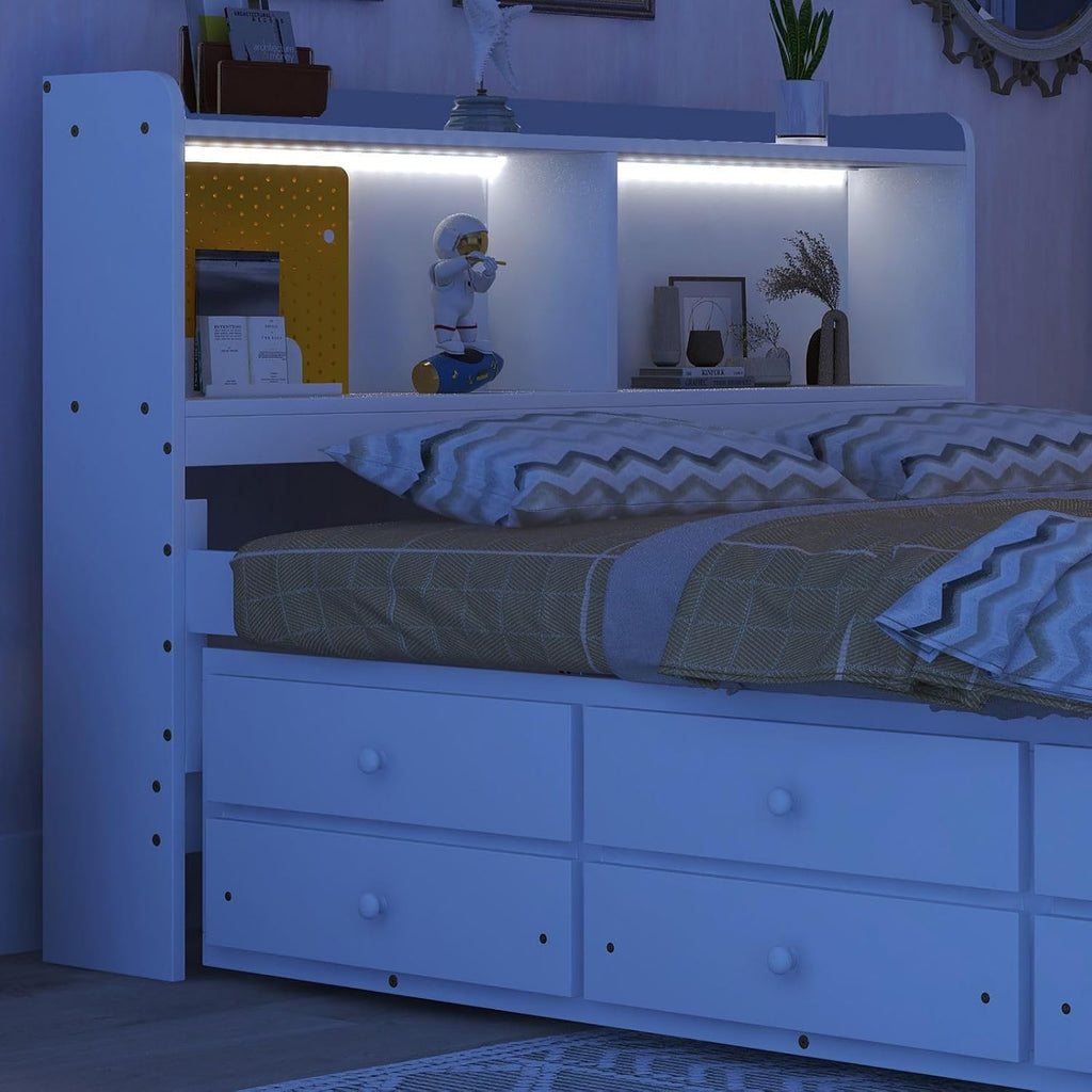 KEVINSPACE LED Bed Frame Full Size Captain's Bed Storage Daybed with Trundle Set, USB,Type-C Ports,LED Light Bed, Wooden Platform Bed with 3 Storage Drawers and Bookcase Headboard Bedroom White