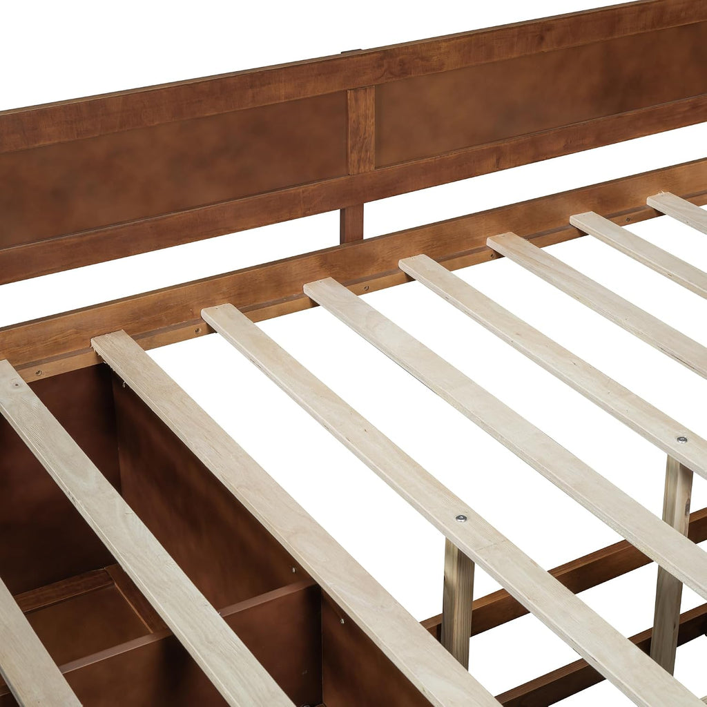 Full Size Daybed with 4 Pull-Out Drawers and 3 Functioning Shelves,Solid Wood Day Bed Frame with Wooden Slats Support for Bedroom,No Box Spring Required (Walnut-AB41)