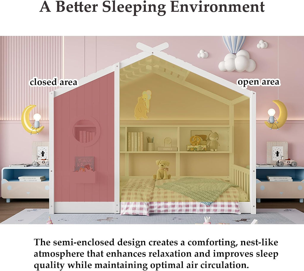 Twin Size Floor House Bed with Roof & Window for Kids,Kids Montessori Floor Bed with Storage Shelves,Cute Playhouse Bed Frame for Girls Boys,Wood House Bed No Box Spring Needed,Can be Decorated,White