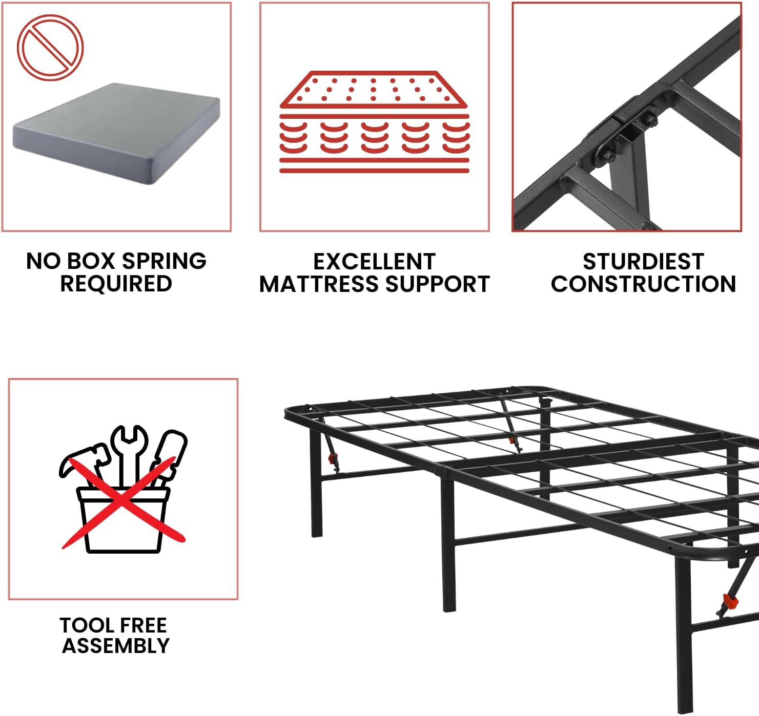 AMBEE21 Golden Gate Beds Foldable Metal Bed Frame – Sturdy Iron Platform, No Box Spring Needed, Portable & Collapsible, Heavy Duty, Easy Assembly, Noise-Free, Under Bed Storage – Twin Size (Black)
