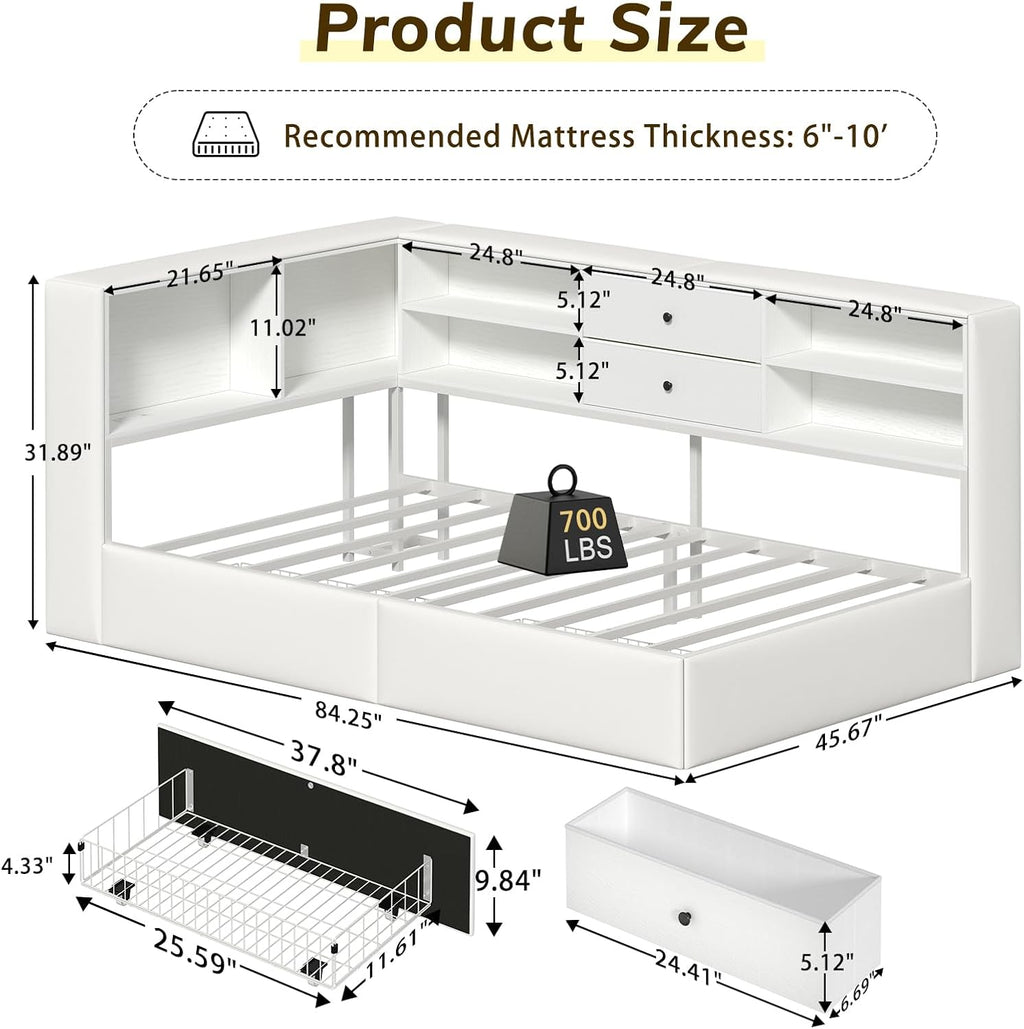 Twin Corner Bed Frame with Storage Bookcase and 4 Drawers, Upholstered Daybed Twin Size with Charging Station & LED Lights, White L-Shape Twin Size Bed Frames Metal Platform Bed for Kids Teenagers