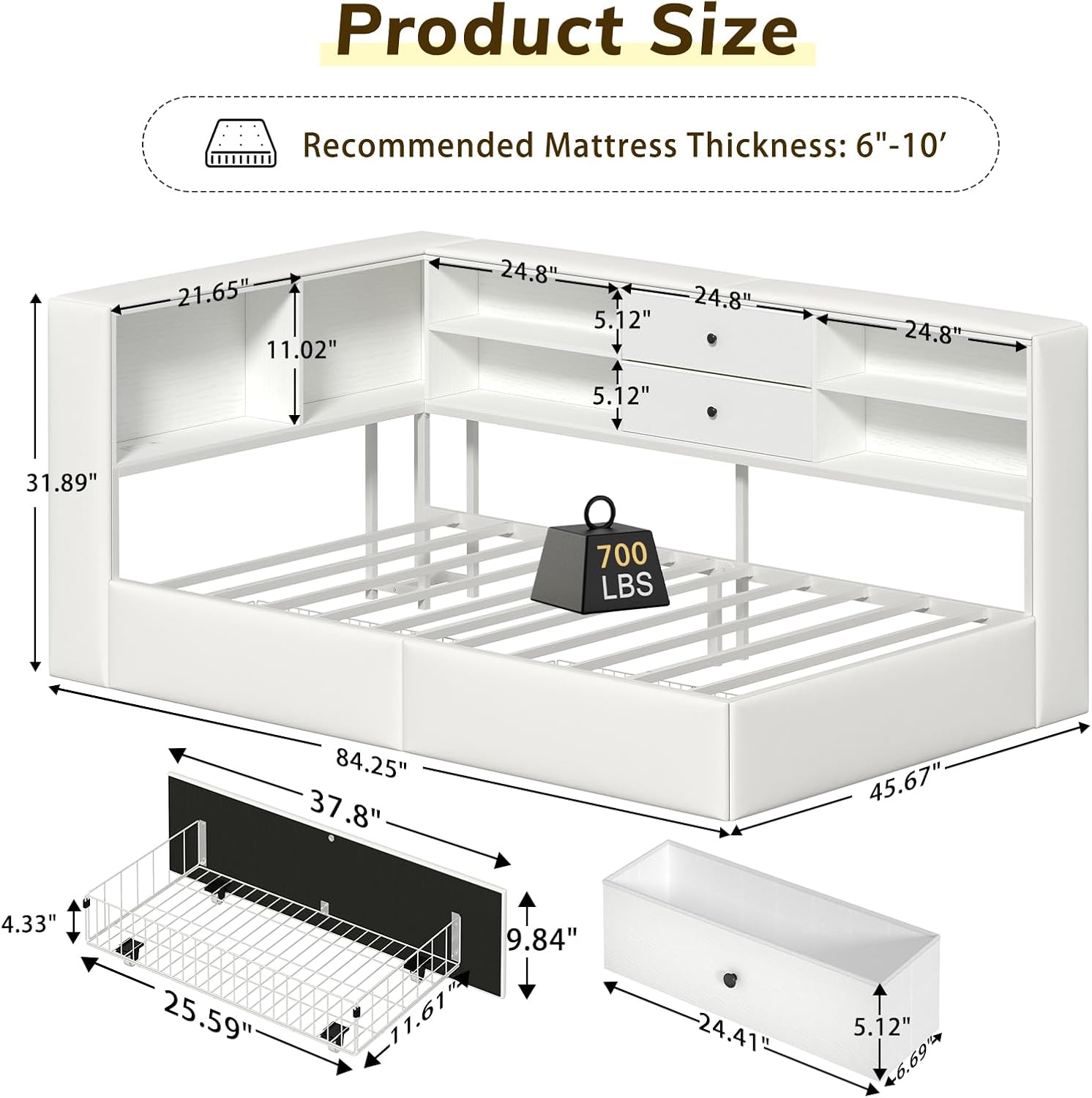 Twin Corner Bed Frame with Storage Bookcase and 4 Drawers, Upholstered Daybed Twin Size with Charging Station & LED Lights, White L-Shape Twin Size Bed Frames Metal Platform Bed for Kids Teenagers