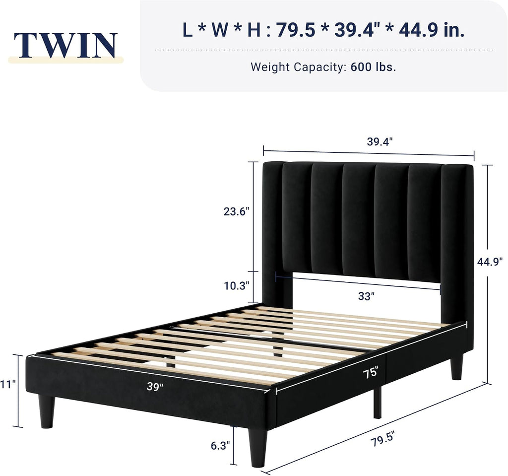 Allewie Twin Bed Frame/Velvet Upholstered Bed Frame with Vertical Channel Tufted Headboard/Strong Wooden Slats/Platform Bed Frame/Mattress Foundation/Box Spring Optional/Easy Assembly/Black