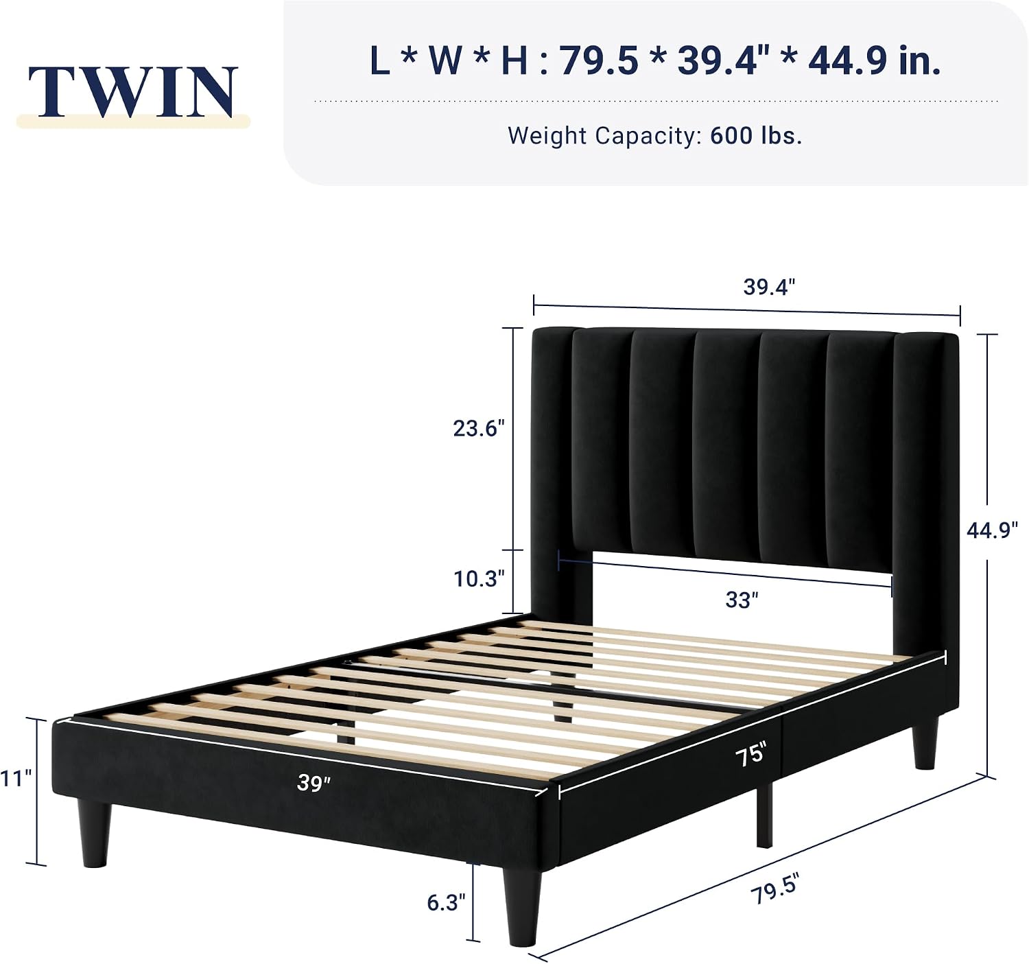 Allewie Twin Bed Frame/Velvet Upholstered Bed Frame with Vertical Channel Tufted Headboard/Strong Wooden Slats/Platform Bed Frame/Mattress Foundation/Box Spring Optional/Easy Assembly/Black
