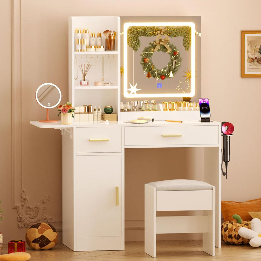 ERLEJIA Vanity Desk with Mirror and Lights & Extral Foldable Desk, 31.5' & 39.3' Makeup Vanity Table with 4 Drawers and 3 Open Shelves, Dressing Table for Bedroom, White
