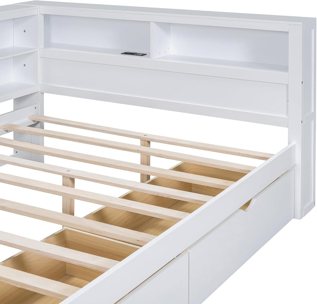 Full Size Daybed with 2 Drawers,Minimalist Wooden Sofa Bed Frame with Storage Shelf and USB Charging Ports for Bedroom, Studyroom, Guestroom, Livingroom (White-WD54)