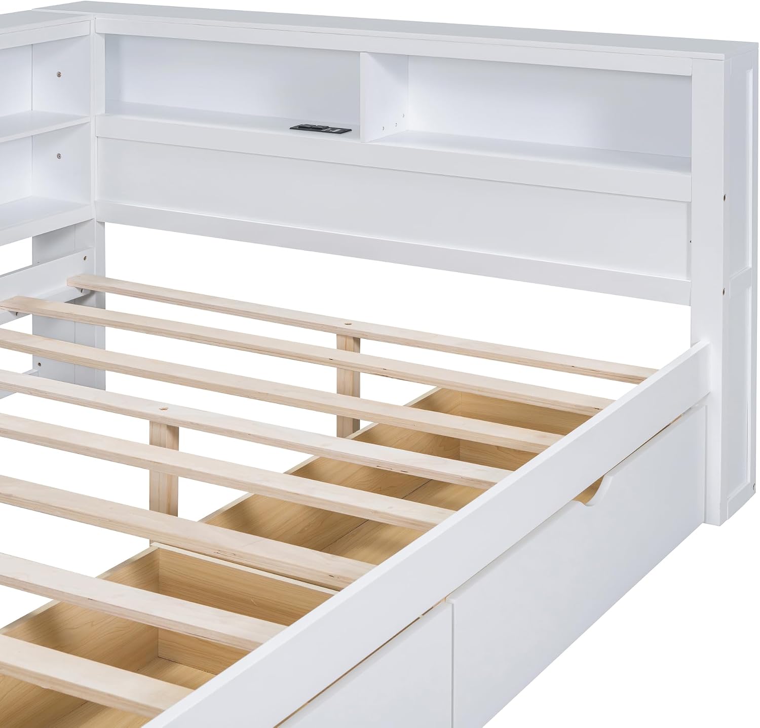 Full Size Daybed with 2 Drawers,Minimalist Wooden Sofa Bed Frame with Storage Shelf and USB Charging Ports for Bedroom, Studyroom, Guestroom, Livingroom (White-WD54)