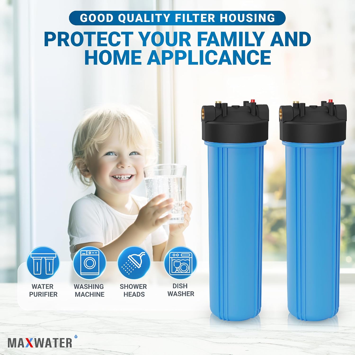 Max Water 20x4.5 Whole House Water Filter Housing, Heavy Duty Big Filter Blue Housing w/Pressure Release, Wrench and Bracket, 1' NPT, 20 Inch, Pack of 2