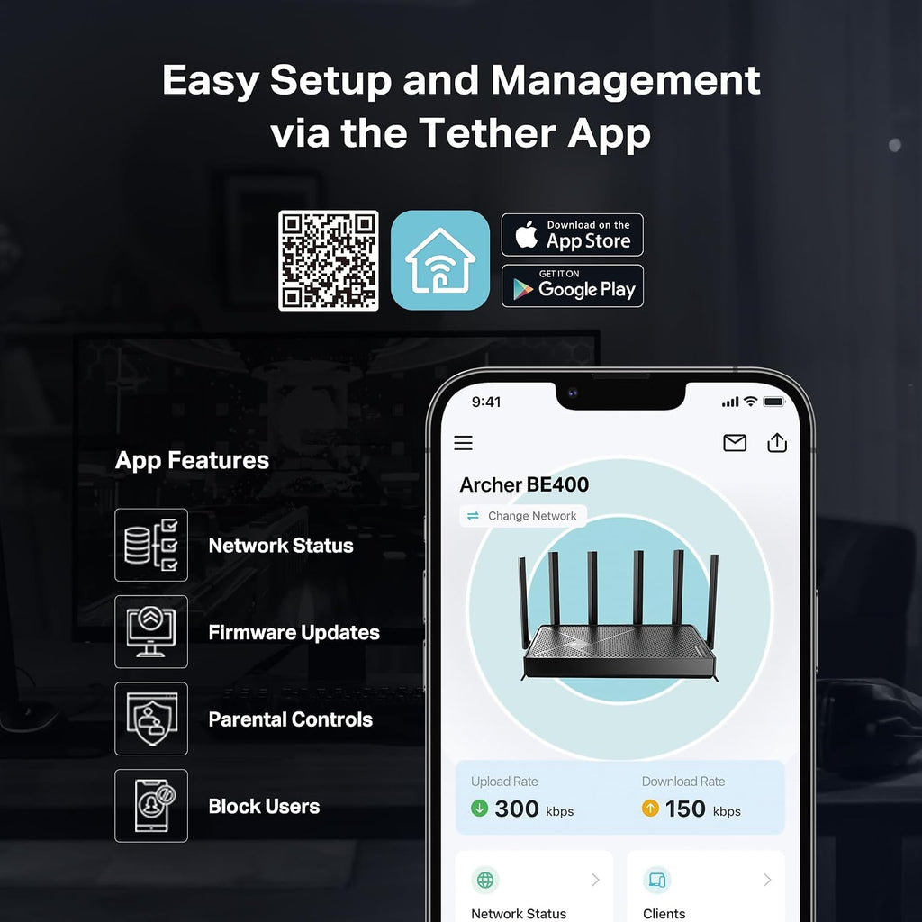 TP-Link BE6500 Dual-Band WiFi 7 Router (BE400) – Dual 2.5Gbps Ports, USB 3.0, Covers up to 2,400 sq. ft., 90 Devices, Quad-Core CPU, HomeShield, Private IoT, Free Expert Support