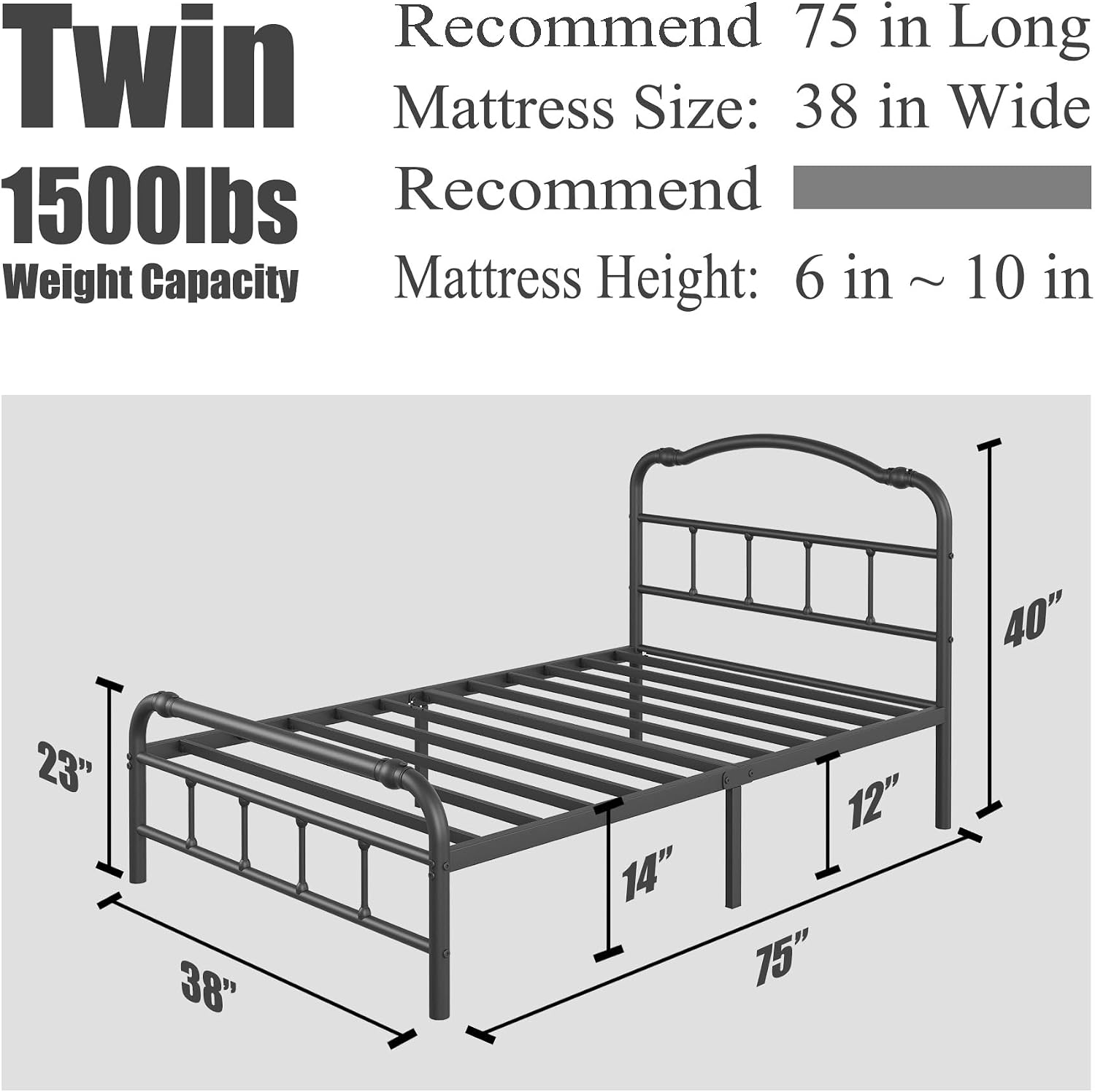 14 Inch Metal Bed Frame, with Headboard and Footboard, No Box Spring Needed, Black (Twin)