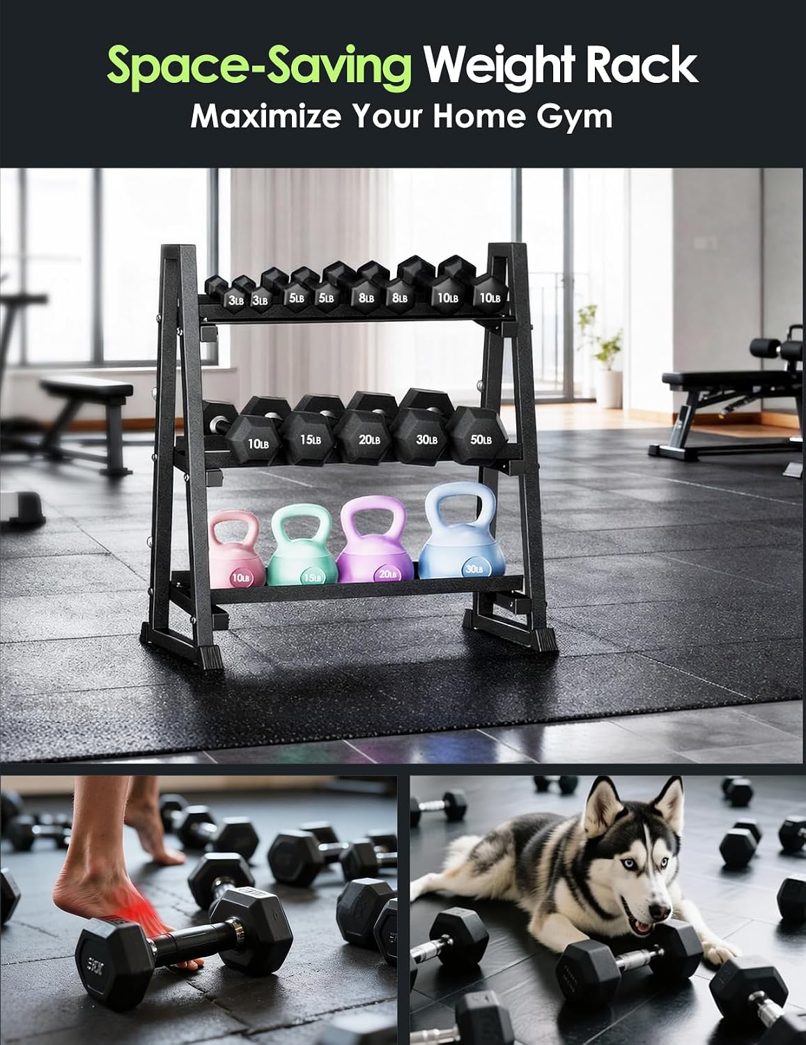 Leteuke Dumbbell Rack, 3 Tiers Heavy Duty Weight Rack for Home Gym, Trapezoidal Frame Space Saving Weight Storage Racks for Dumbells, Kettlebells, Barbells, Dumbbell Rack Stand Only (1300LBS Capacity)