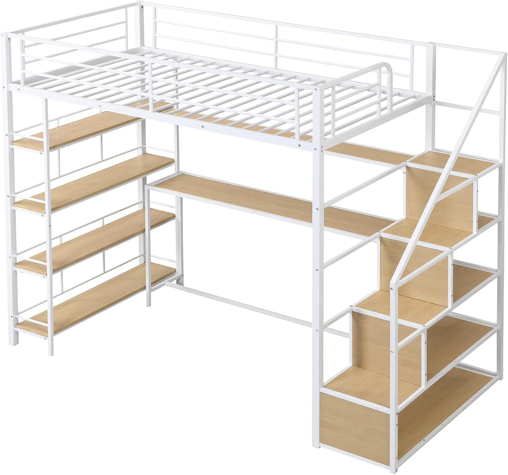 JIVOIT Metal Loft Bed with Storage Staircase, Twin Size Loft Bed with Built-in Desk and 3-Tier Storage Shelves, Space-Saving 3 in 1 Design Metal Loft Bed with Guardrails, No Box Spring Needed