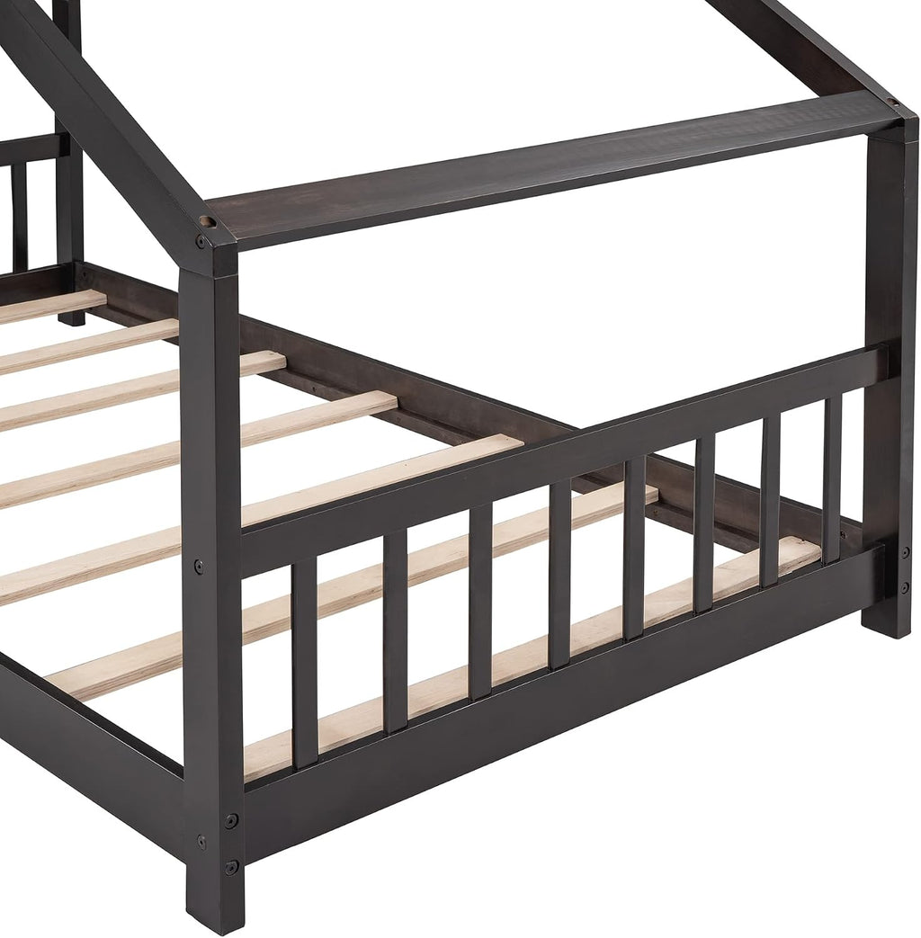 JIVOIT Twin Size Wood House Bed, Solid Wood Tent Bed Canopy Bed Frame with Roof Design, Twin Floor Bed with Wood Slats Support, No Box Spring Needed (Espresso-Twin-Pinewood)