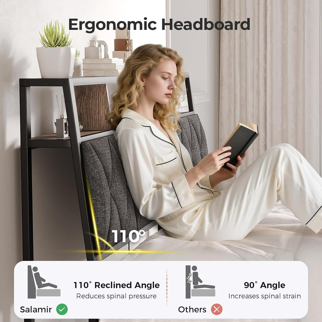 Queen Headboard Only, Headboard for Queen Size Bed with Storage, Upholstered Headboards with LED Lights & Charging Station, Attach Frame, Ideal for Bedroom/Dorm/Guest Room, Dark Grey & Brown