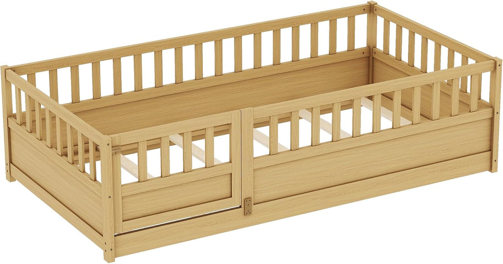Bellemave Twin Size Floor Bed with Fence and Door, Montessori Floor Bed with Slats, Twin Size Montessori Beds for Kids, Girls, Boys, Natural