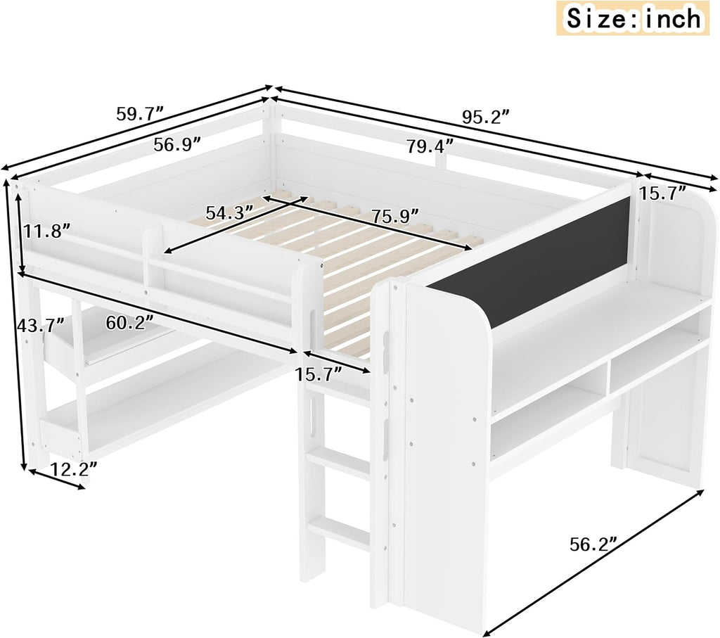 MERITLINE Full Loft Bed with Desk & Blackboard, Twin Multi-Functional Bed with Storage, All-in-One Study & Play Design, White