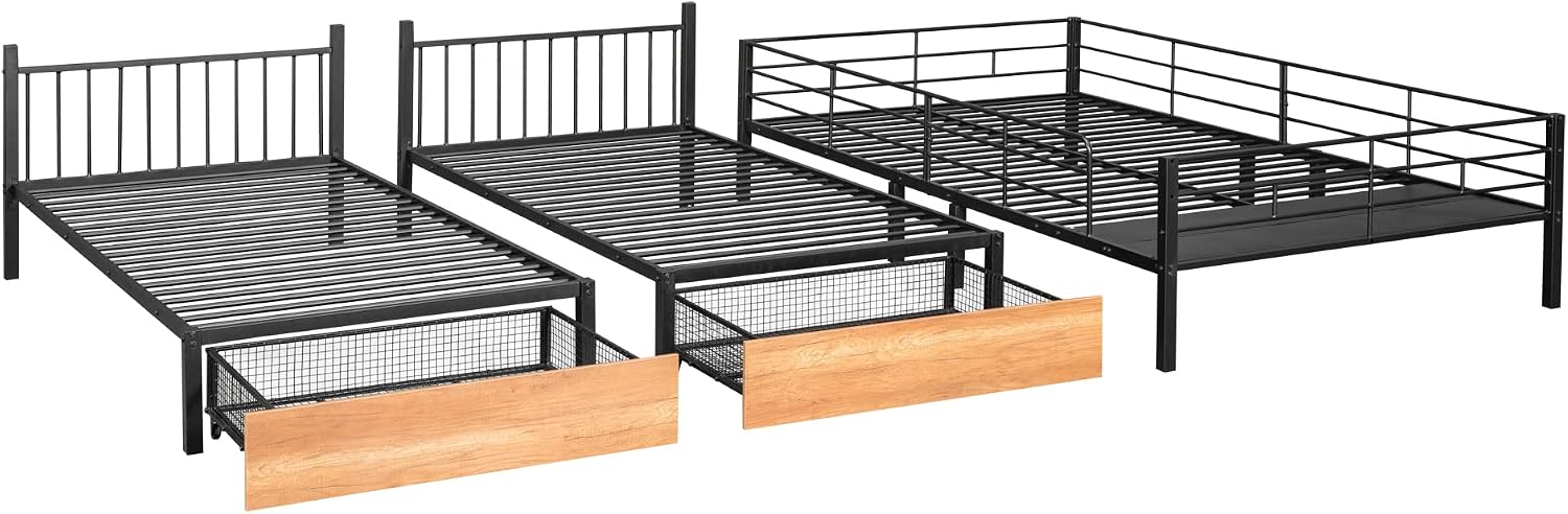 DEINPPA Triple Bunk Bed with Drawers, Can Be Separated into 3 Beds, Full Over Twin & Twin Bunk Bed,Metal Bed for Adult Kids Student Dormitory Bedroom Furniture Set, Black