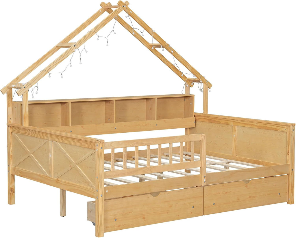 JIVOIT House Beds Wood Platform Bed, Full Size Platform Bed Frame with Storage Shelves, Drawers and Guardrail, Wood Slats Support, No Box Spring Needed (Natural/509)
