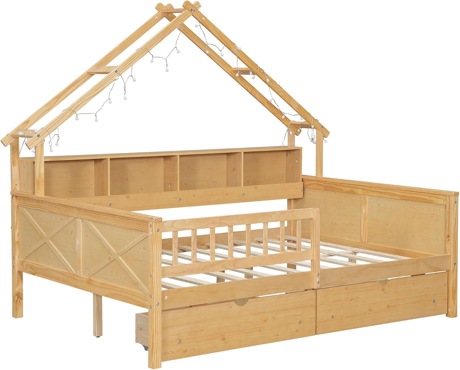 JIVOIT House Beds Wood Platform Bed, Full Size Platform Bed Frame with Storage Shelves, Drawers and Guardrail, Wood Slats Support, No Box Spring Needed (Natural/509)