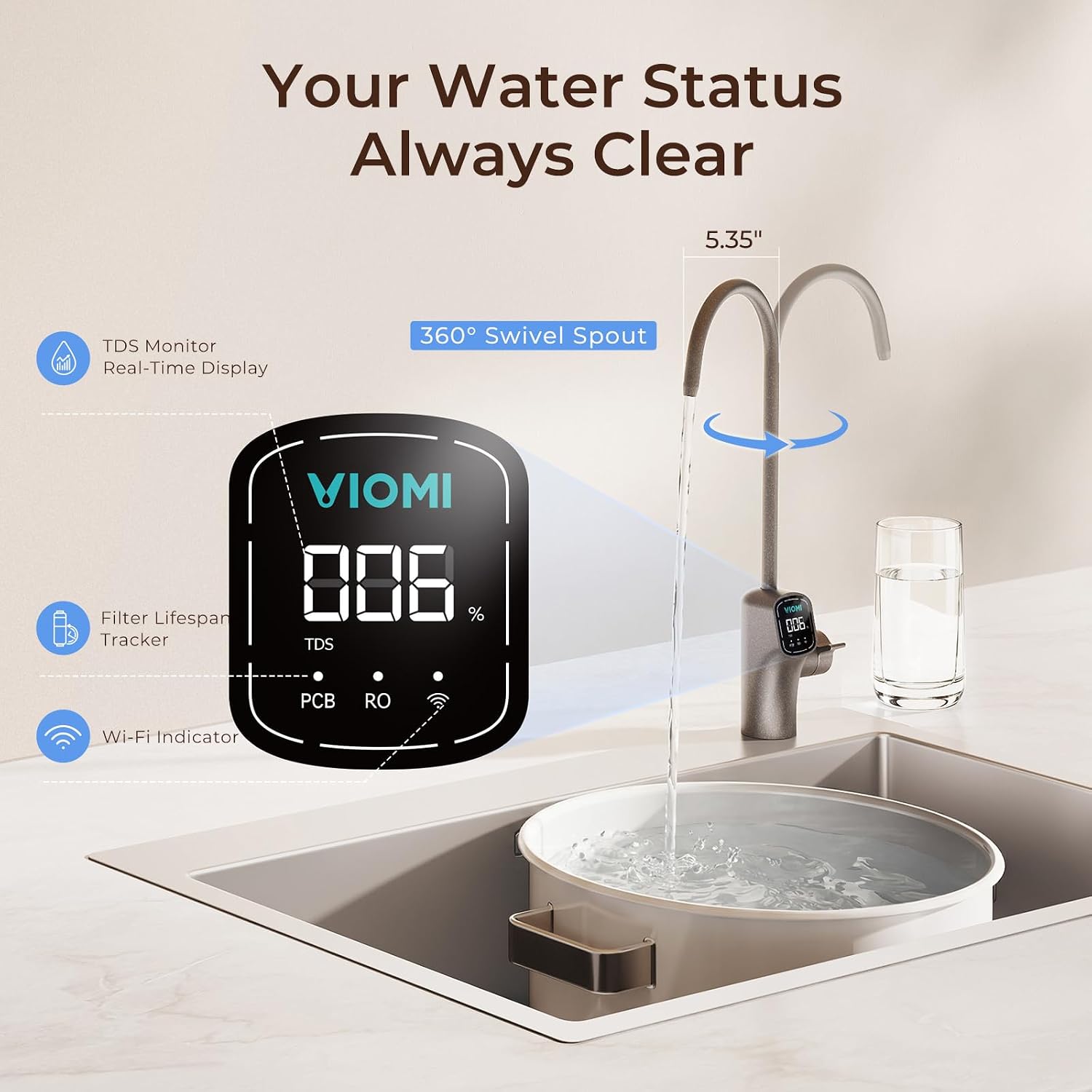 VIOMI V6 Pro Reverse Osmosis System, 600 GPD Tankless RO Water Filter System, Under Sink RO, 9-Stage Filtration, 3:1 Pure-to-Drain, Reduce TDS, NSF/ANSI 42, 53, 58, and 372 Certified, Smart LED Faucet