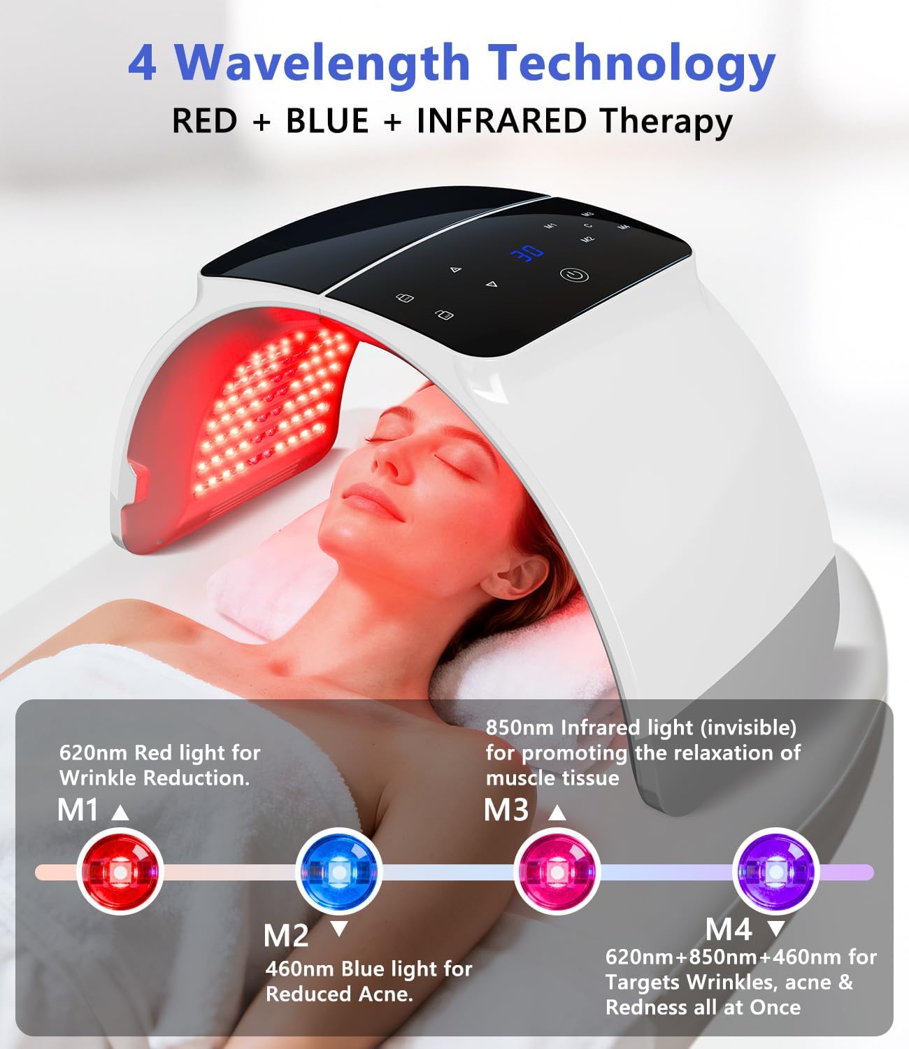 LED Light Therapy Machine FDA Cleared Red, Infrared and Blue Light Therapy, LED Face Mask Light Therapy Skin Care Photon Device for Wrinkle Reduction and Acne, G3