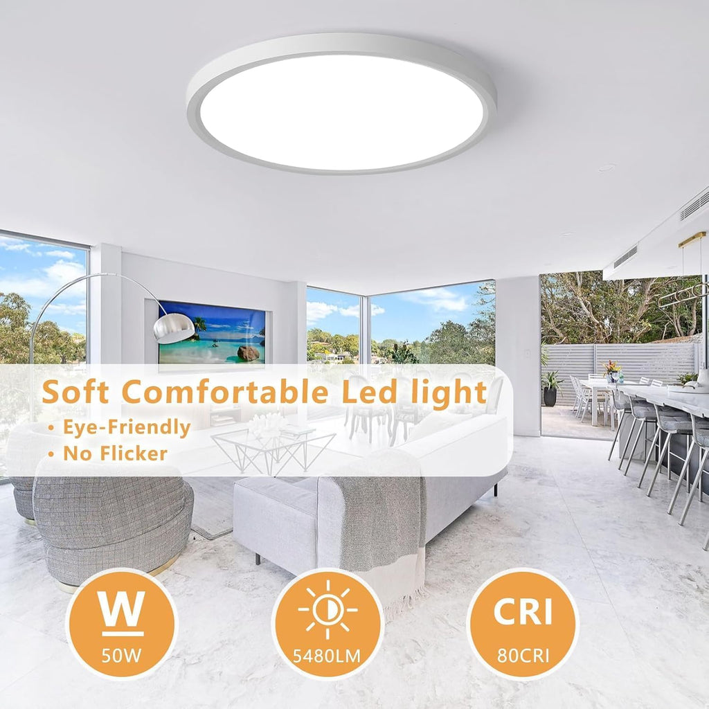 24 Inch Led Ceiling Light Flush Mount, 50W, 5480LM, 3000K/4000K/6000K CCT Selectable Super Slim White LED Ceiling Light, Close to Ceiling Round Flat Panel Light for Hallway, Bedroom, Kitchen, ect,2PK