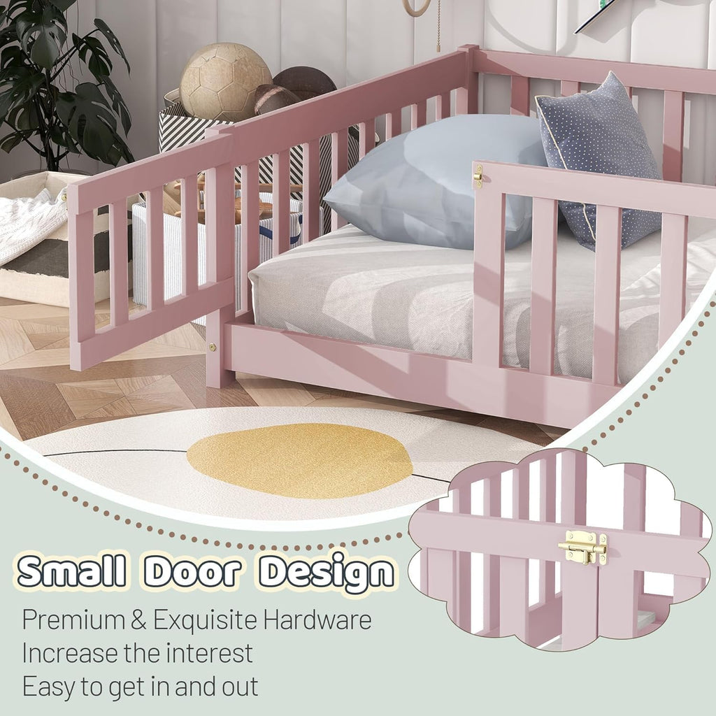 Full Size Floor Bed for Kids, Wooden Montessori Bed Frame with Door, Montessori Floor Bed with Rails for Boys and Girls, No Box Spring Needed, Pink