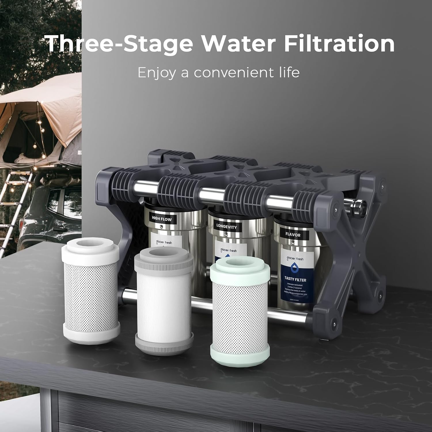 GLACIER FRESH Replacement for Technology RV Water Filtration System, 0.2 Micron Camper Water Filter with Compact 5 Inch Filter, 3-Stage Premium RV Water Filtration System for RVs, Campers and Boats