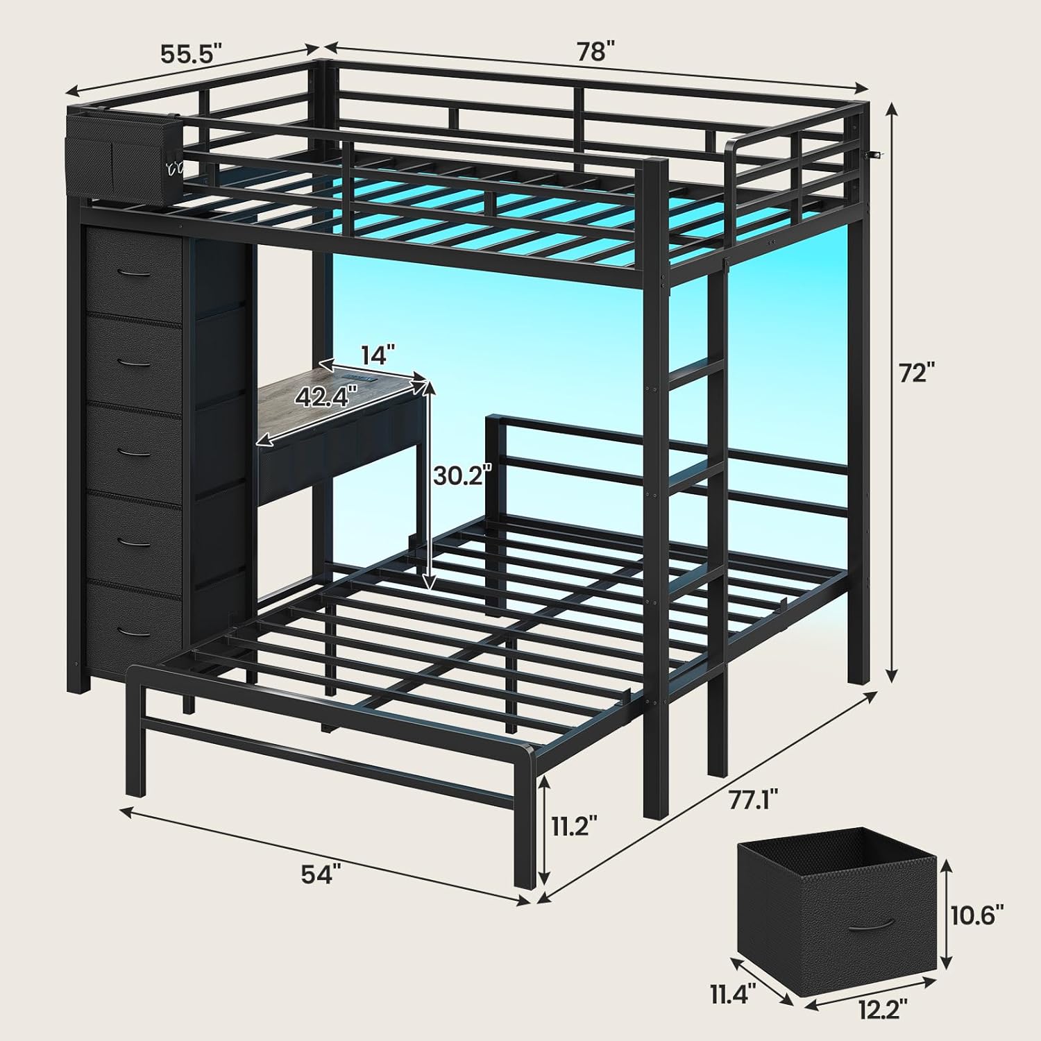 BTHFST Bunk Bed with Desk, Full Over Full Bunk Beds with 5 Storage Drawers & Charging Station, Full Size Bunk Bed with LED Lights & Safety Guardrail for Kids/Teens, Black