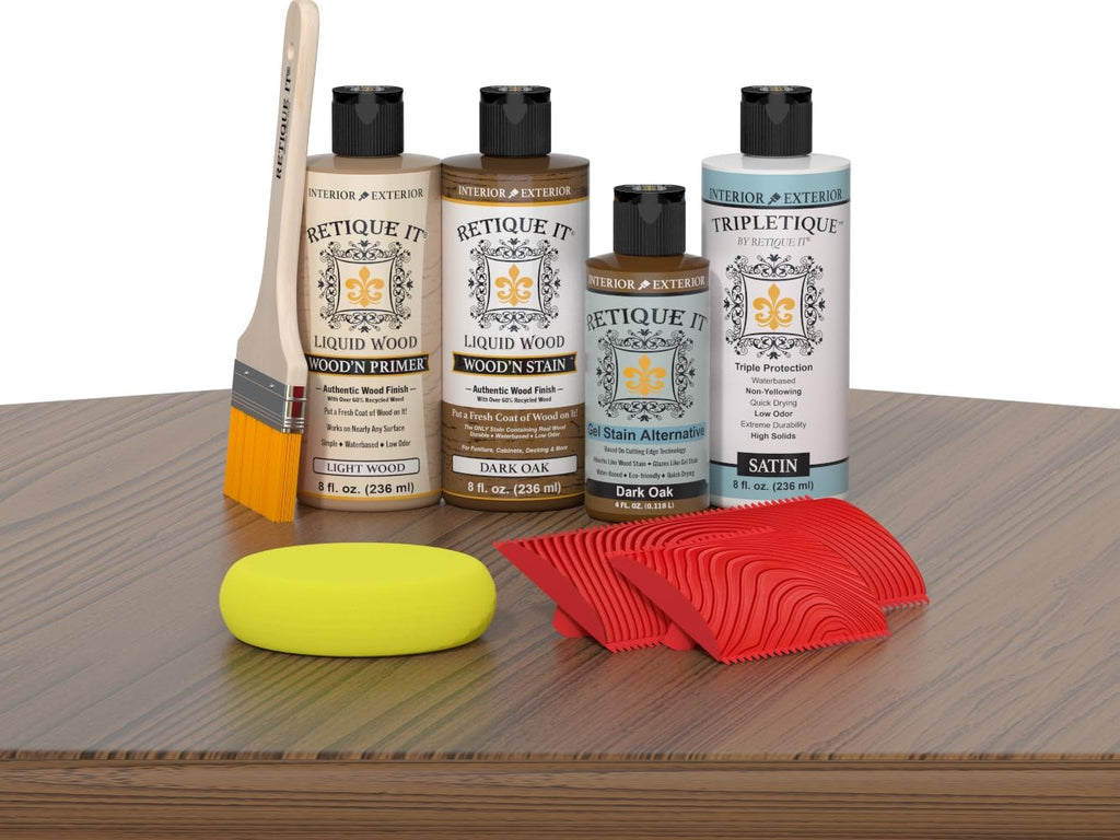 Retique It Wood Finish Tabletop Kit – GO Beyond Faux Wood with Paintable Liquid Wood Based Primer and Gel Stain - Graining Tools Included (Tabletop Kit, Dark Oak)