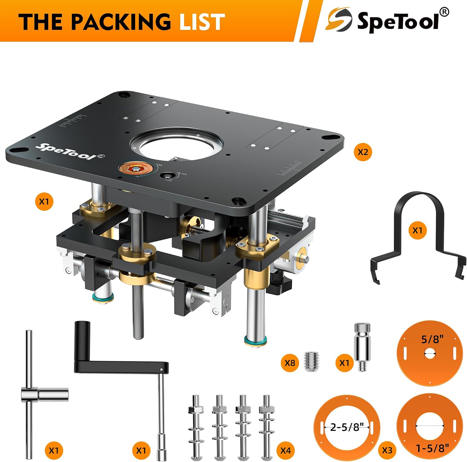 SpeTool Router Lift Kit for 1.25 HP, 2.25 HP, and 3.25 HP Router, Precision All-Aluminum Router Table Lift System with 3 Magnetic Insert Rings, 9-1/4'x11-3/4' Router Table Insert Plate for Woodworking