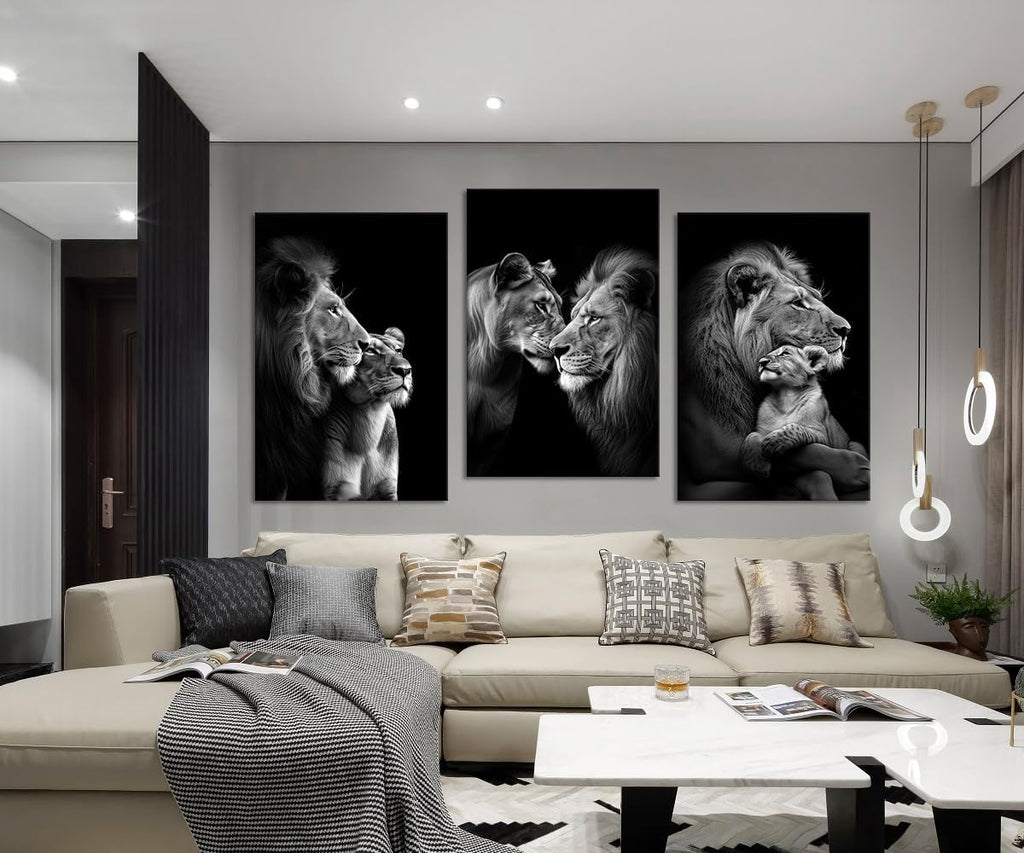 Black and White Lion Wall Art for Living Room Decor 3 Panels Wild Animals Pictures Wall Decor Modern Lion and Lioness Posters Prints Artwork, Framed 24' W x 36' H x 3pcs