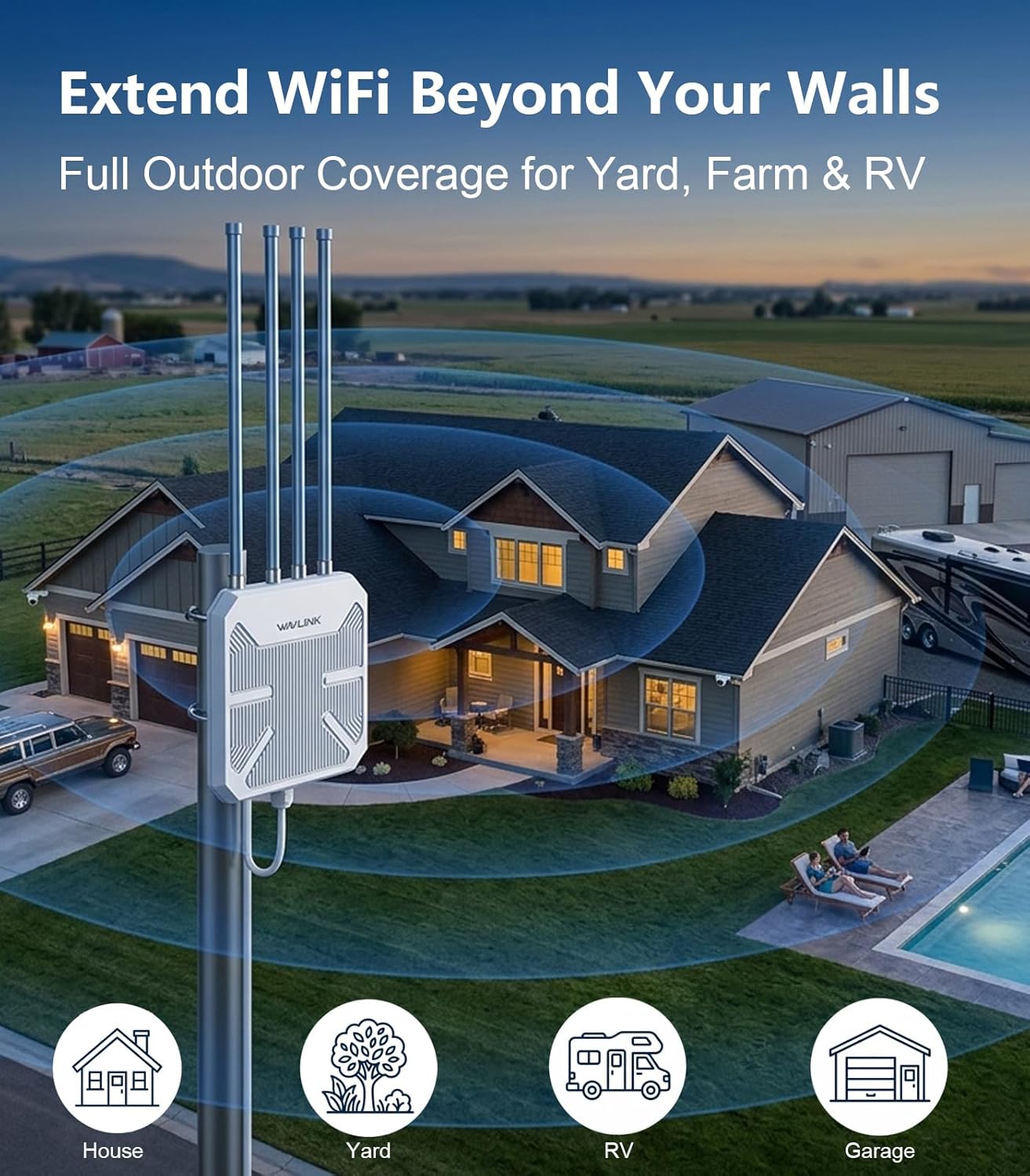 WAVLINK AX1800 Outdoor WiFi 6 Extender, Long-Range High-Power Outdoor Access Point with Engineered High-Gain Antennas, PoE, IP67 Weatherproof for Yard, Farm, RV & Garage.