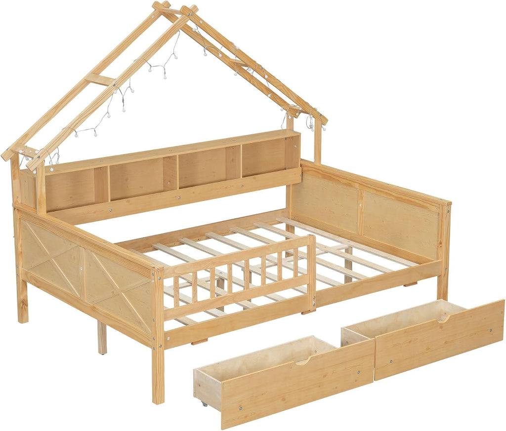 JIVOIT House Beds Wood Platform Bed, Full Size Platform Bed Frame with Storage Shelves, Drawers and Guardrail, Wood Slats Support, No Box Spring Needed (Natural/509)