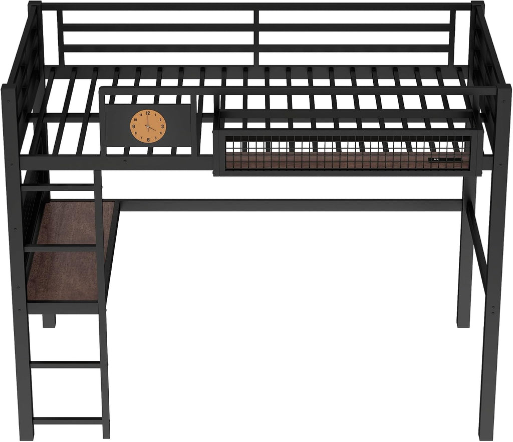 JIVOIT Twin XL Size Metal Loft Bed Frame with Desk, Bedside Storage Basket, Side Clock Design, Pegboard, 68' H Metal Loft Bed with Slats Support, No Spring Box Needed