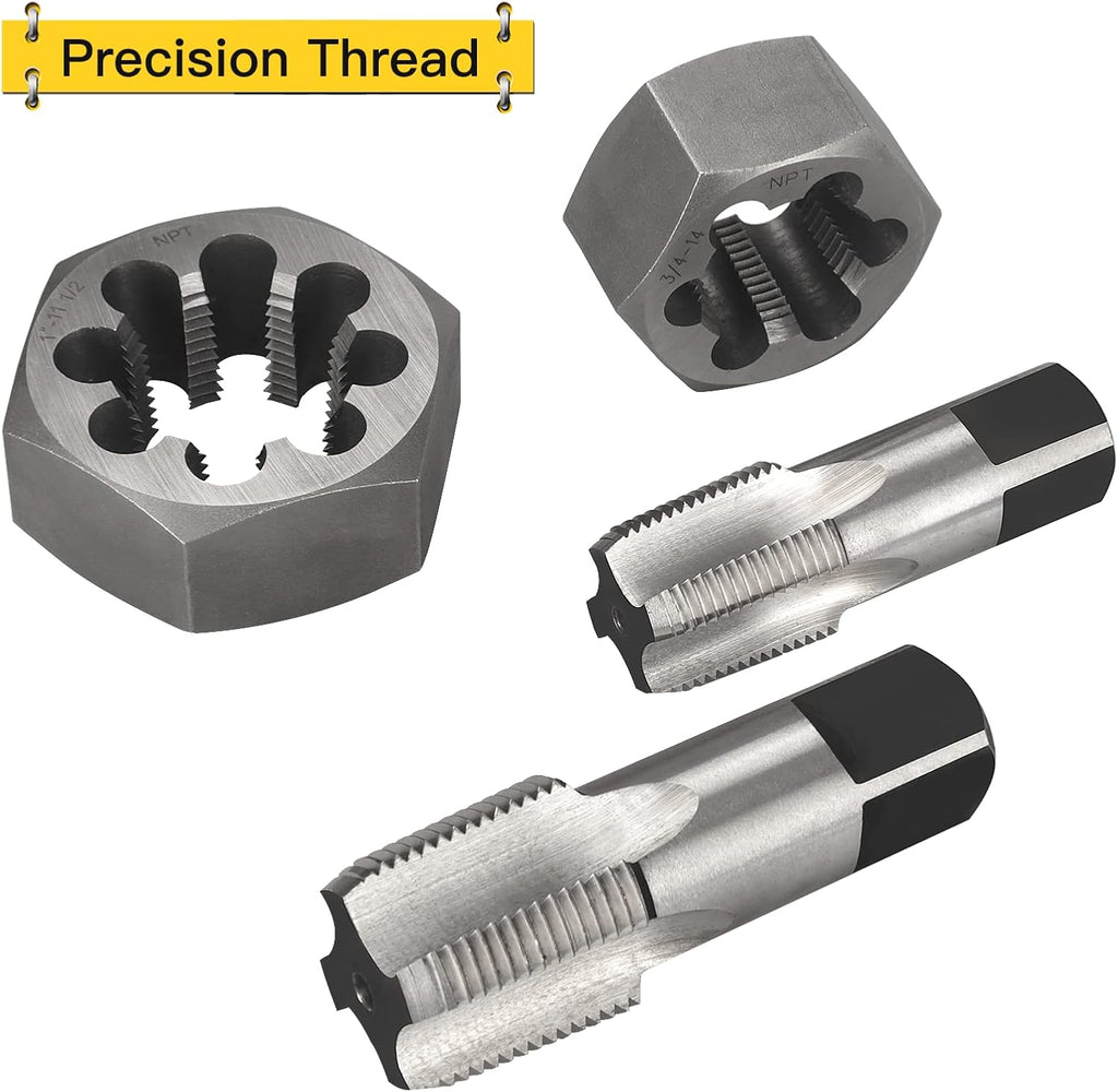 NPT Pipe Tap and Die Set 1/16', 1/8', 1/4', 3/8', 1/2', 3/4' and 1', Rethreading High Speed Steel Taper Taps and GCr15 Carbon Steel Hex Dies (NPT-14 Pcs)