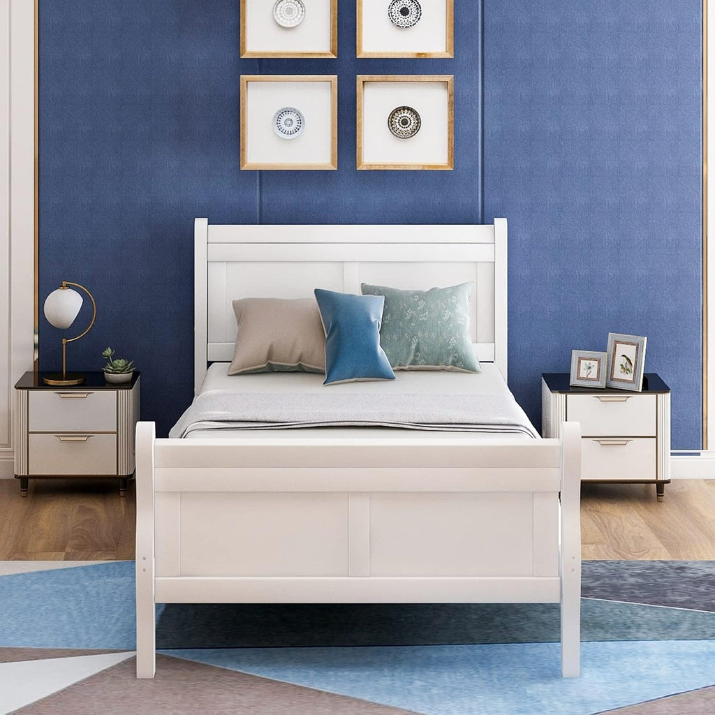 Twin Bed Frame, Twin Bed Headboard Wood Platform Bed White Twin Easy Assembly Bedroom Decor Set Noise Free