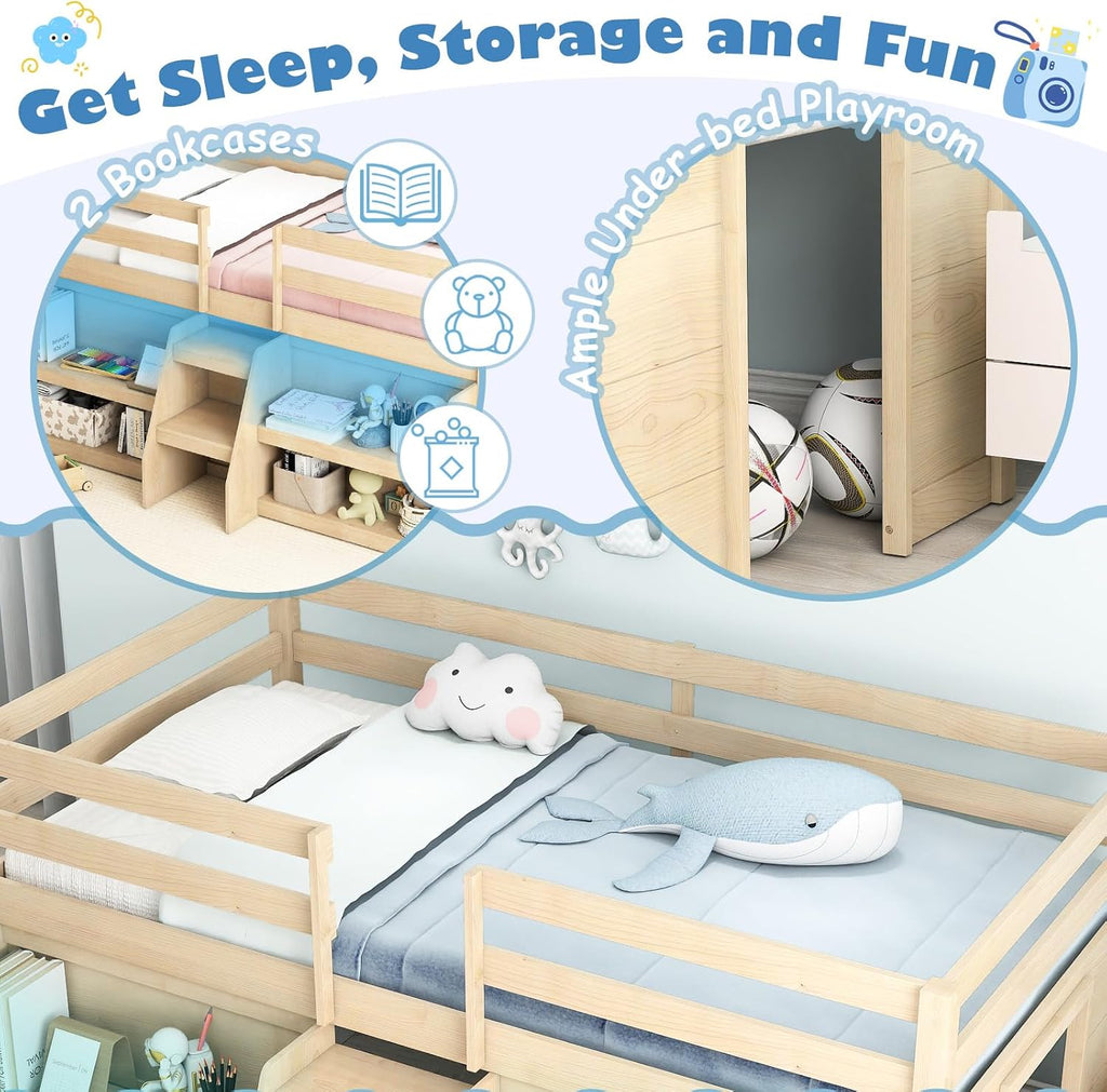 KOMFOTT Low Loft Bed with LED Light and 2 Bookcases, Wood Kids Twin Bed with Under-Bed Play Space, Stairs & Guardrails, Modern Loft Bed for Kids, No Box Spring Needed (Natural)