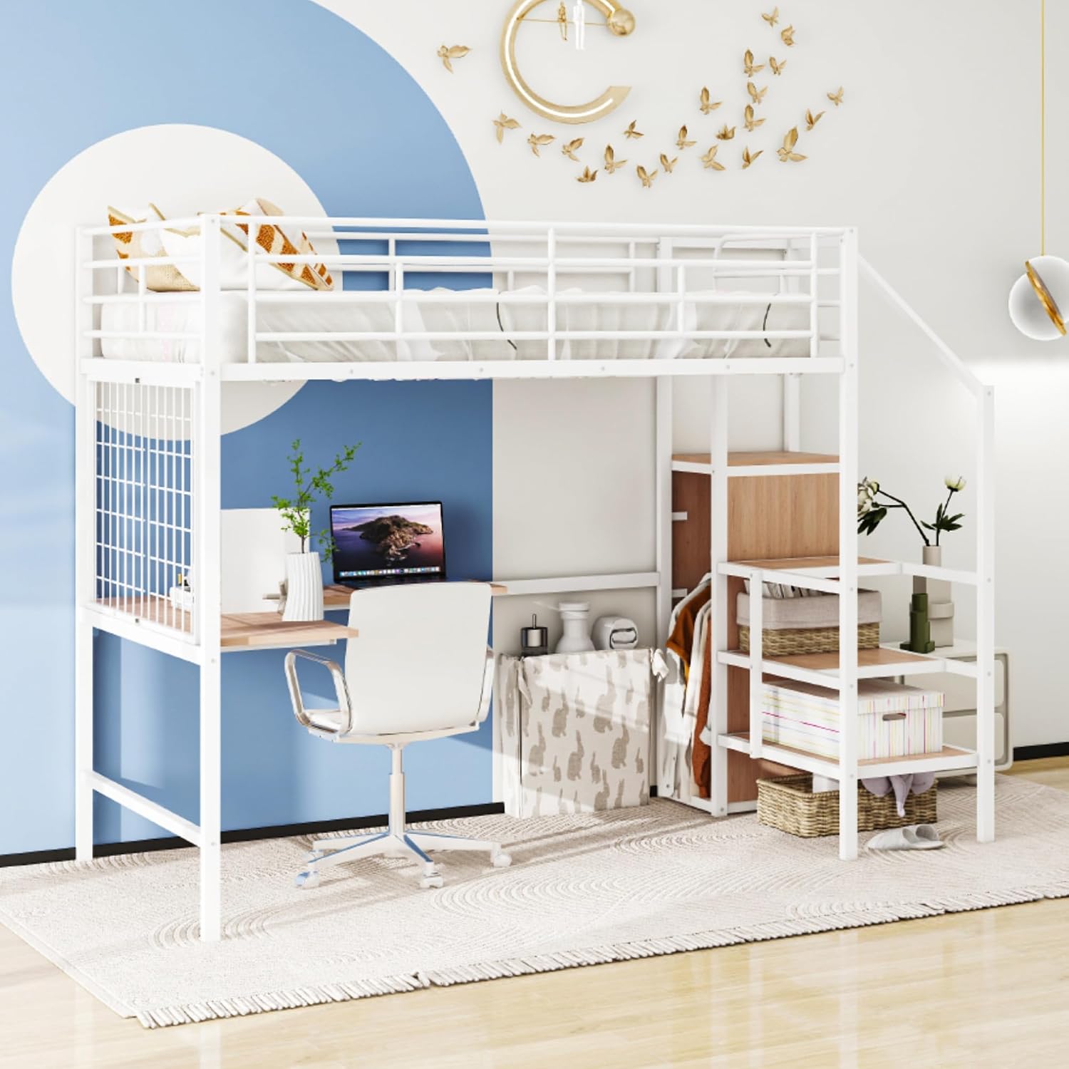 Metal Loft Bed with L-Shape Desk and Metal Grid, Lateral Storage Ladder and Wardrobe, Full Size Metal Frame Bed with Metal Slat Support and Guardrail, No Box Spring Needed (White-Wardrobe,Full)