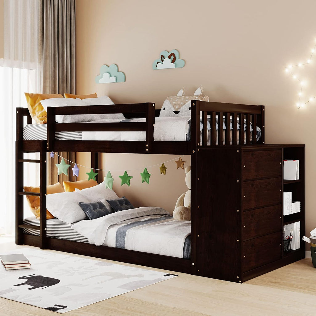 Twin-Over-Twin Size Bunk Bed, Bedroom Furniture Pine Wood Bed Frame with Storage Drawers and Open Shelves, Drawers and Shelves Set Can Be Moved, for Kids & Teens (Espresso)