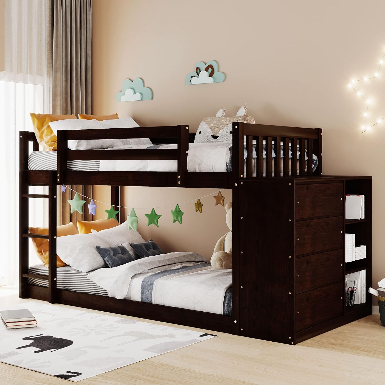 Twin-Over-Twin Size Bunk Bed, Bedroom Furniture Pine Wood Bed Frame with Storage Drawers and Open Shelves, Drawers and Shelves Set Can Be Moved, for Kids & Teens (Espresso)