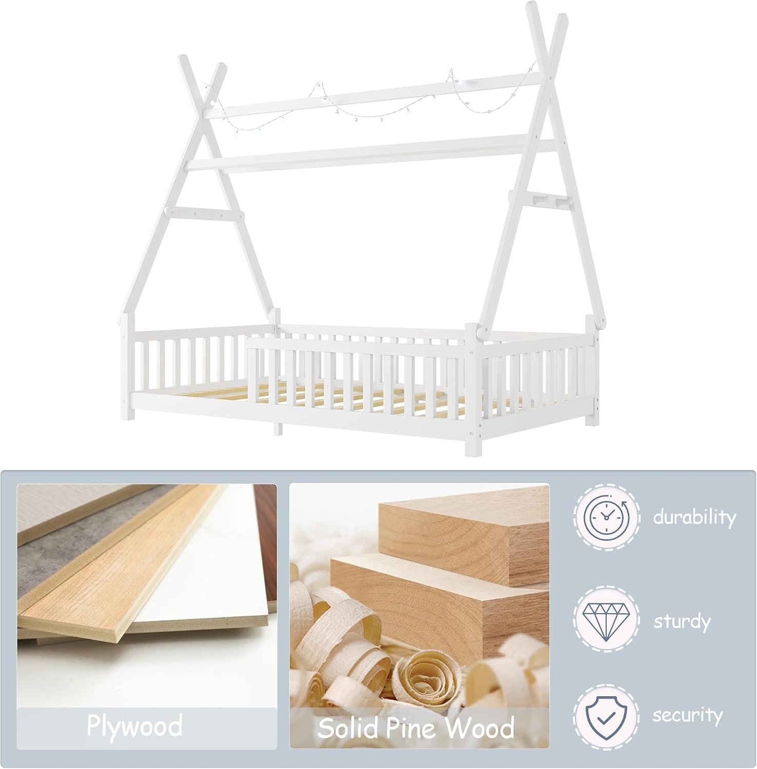 Twin Montessori Kids Floor Bed with Rails and LED Light, Low Twin Beds Frame with Fence and Removable Roof, Wood Montessori Floor Bed Frame for Kids, Girls, Boys, White