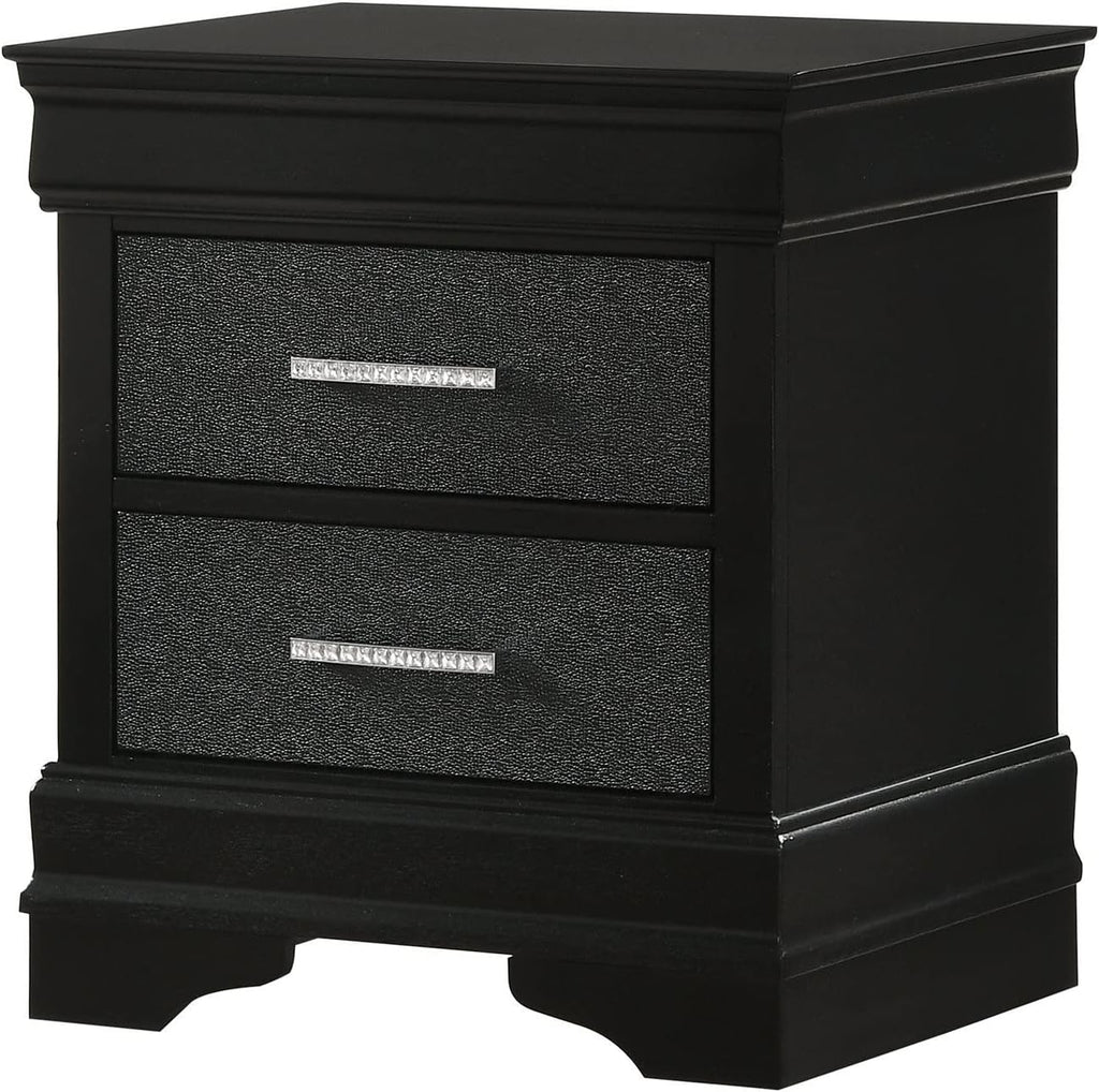 3Pc Black Finish Full Size Panel Upholstered Button Tufted Headboard Bed Nightstand Set Wooden Bedroom Furniture
