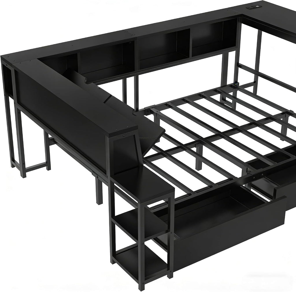 Bellemave Twin Size Corner Bed Frame with Desk and Storage Drawers,Twin Metal Platform Corner Bed Frame with Charging Station and LED Lights, Twin Daybed for Kids Teens Guests,Black