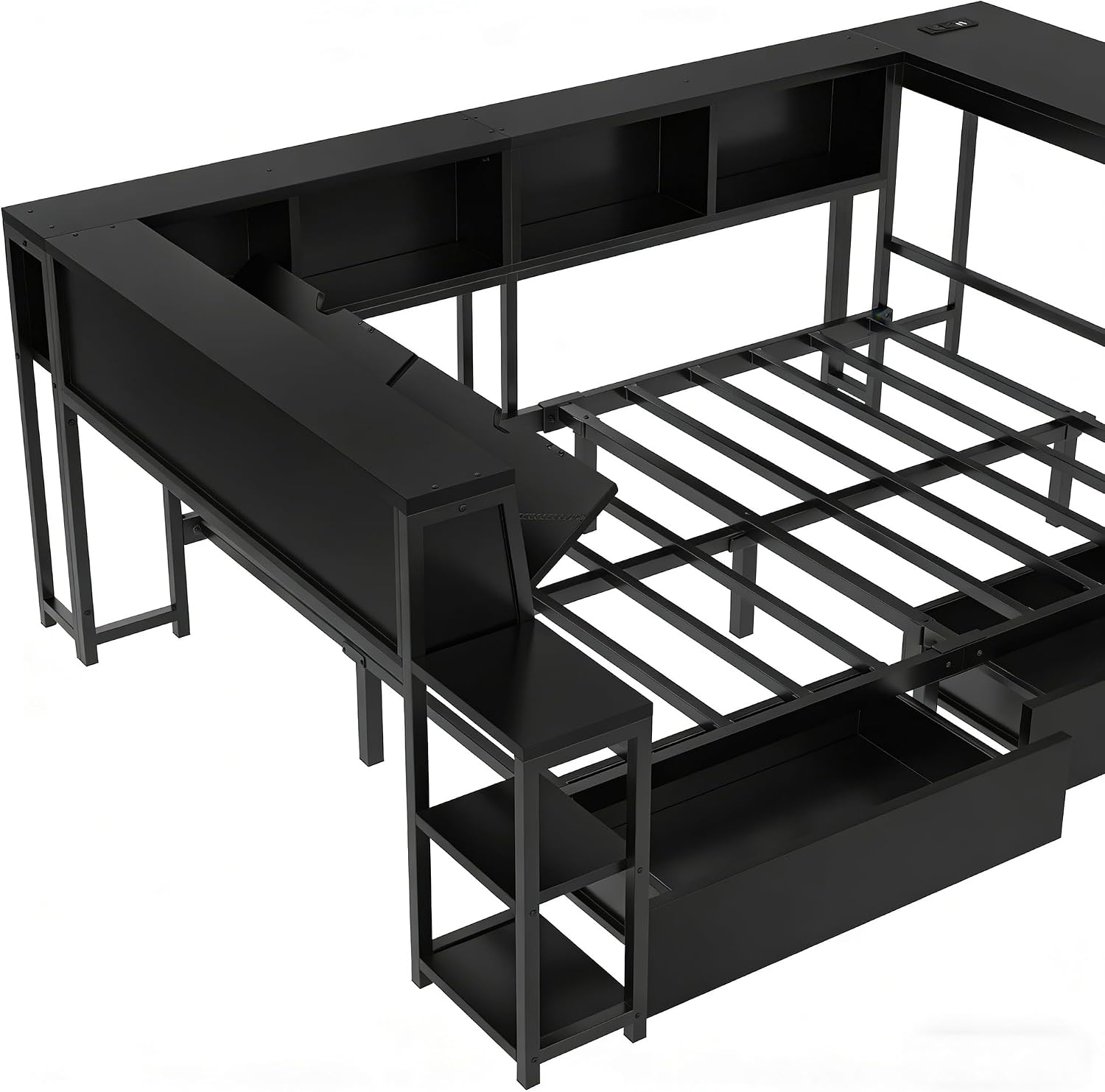 Bellemave Twin Size Corner Bed Frame with Desk and Storage Drawers,Twin Metal Platform Corner Bed Frame with Charging Station and LED Lights, Twin Daybed for Kids Teens Guests,Black