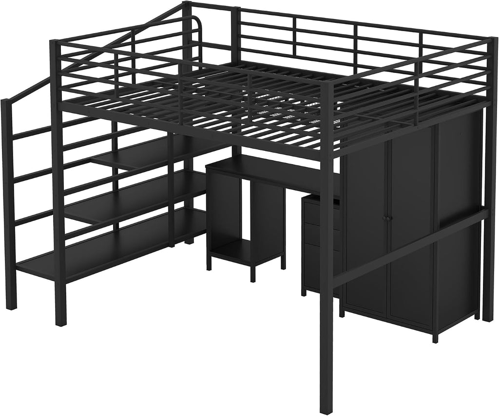 JIVOIT Metal Loft Bed Frame with Table Set, Full Size Storage Loft Bed with Wardrobe and 4-Layers Ladder, Full-Length Guardrails and Metal Slats Support, Space-Saving Bed Frame for Kids Teens