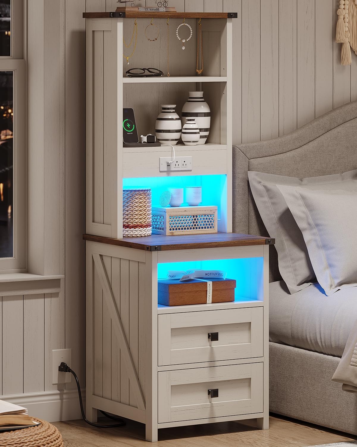 Farmhouse Tall Nightstand Set of 2 with Charging Station and 2 Drawers,Led White Night Stand Set of 2 with Bookshelf,Bedside End Side Table with Storage Shelves for Bedroom,Antique White