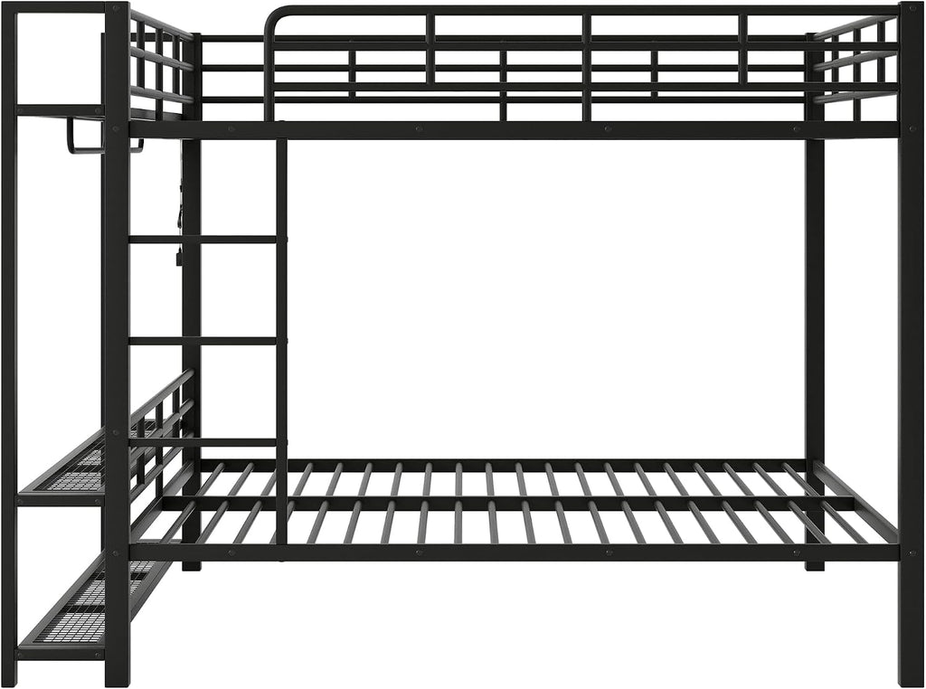 Metal Bunk Bed with Storage Mesh Shelves and Clothes Hooks, Open Storage Shelves, Full Size Bunk Bed with Full-length Reinforced Guardrails for Teens and Adults, No Box Spring Needed (Black//96)