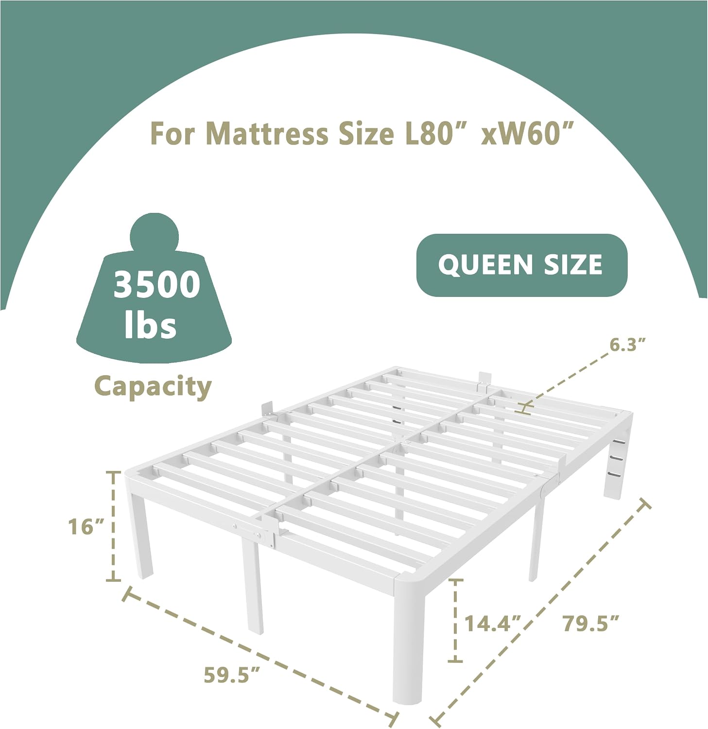 ITIMIDI 16 Inch White Bed Frame Queen, Queen Size Metal Platform Bed Frames with Round Corner Legs, Heavy Duty Steel Support 3500 LBS, Storage Space, No Box Spring Needed, Noise Free, Easy Assembly