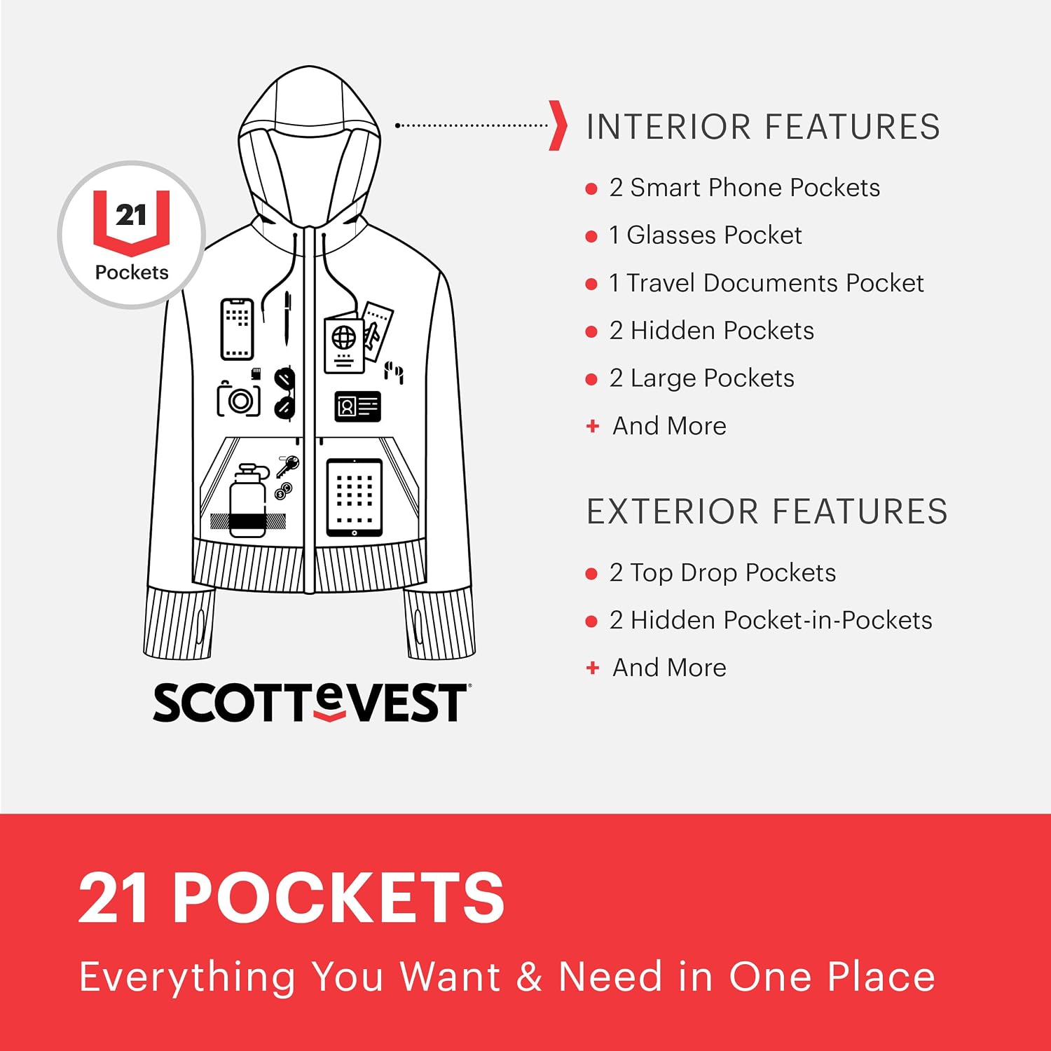SCOTTeVEST Microfleece Hoodie for Men - 21 Hidden Pockets - Warm Fleece Zip Up Sweatshirt for Travel & More